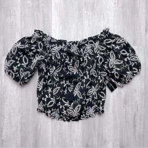 INC Women's XS NWT Black Embroidered 100% Cotton Short Sleeve Peasant Top New